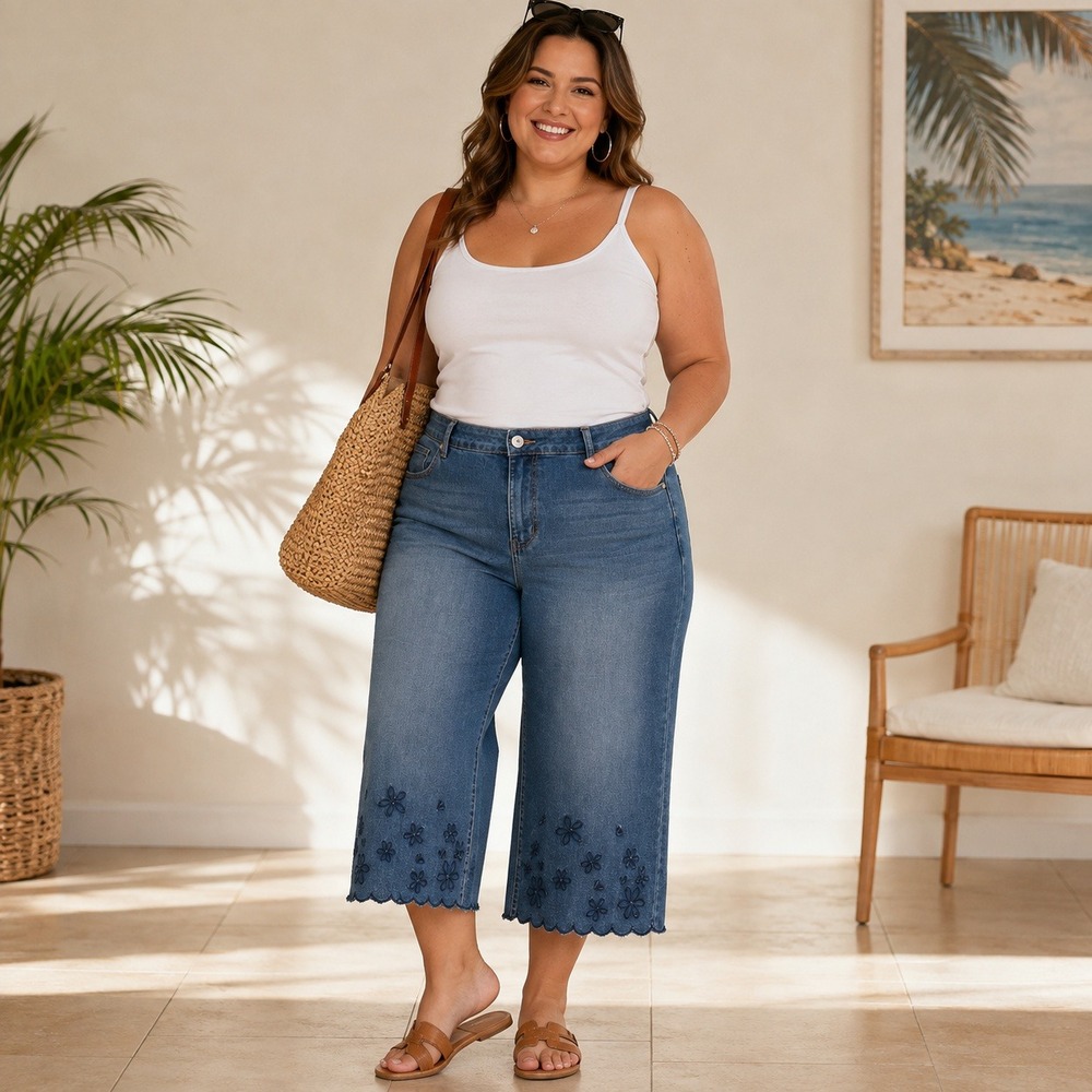 BlueFox Collective Wide Leg Denim Capris Jeans 18 Floral Scalloped Hem Crop